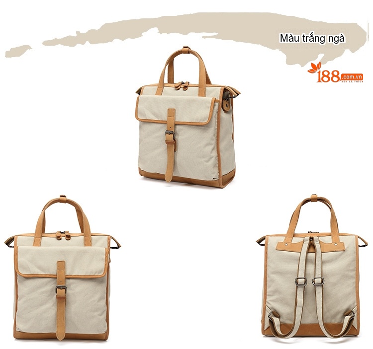 Balo Đôi Nữ Vải Canvas Chống Nước Quai Xách Da Thật Màu Xanh, Nâu, Kem, Đen... chi tiết 6