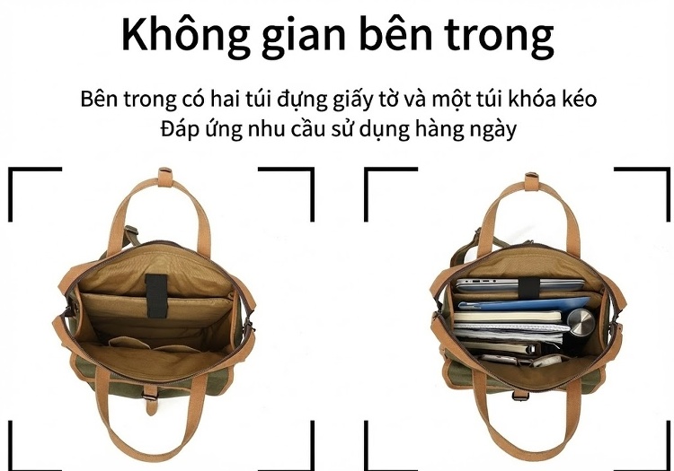 Balo Đôi Nữ Vải Canvas Chống Nước Quai Xách Da Thật Màu Xanh, Nâu, Kem, Đen... chi tiết 14