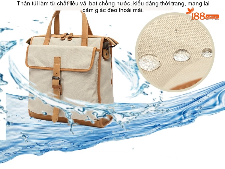Balo Đôi Nữ Vải Canvas Chống Nước Quai Xách Da Thật Màu Xanh, Nâu, Kem, Đen... chi tiết 2