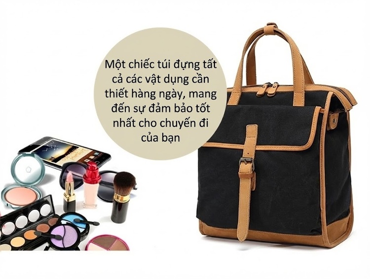 Balo Đôi Nữ Vải Canvas Chống Nước Quai Xách Da Thật Màu Xanh, Nâu, Kem, Đen... chi tiết 15