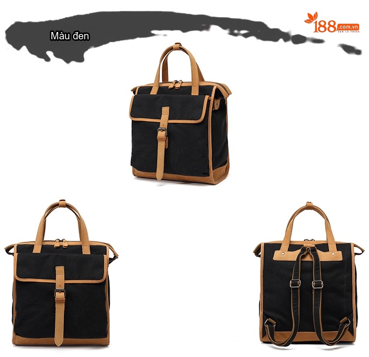 Balo Đôi Nữ Vải Canvas Chống Nước Quai Xách Da Thật Màu Xanh, Nâu, Kem, Đen... chi tiết 7