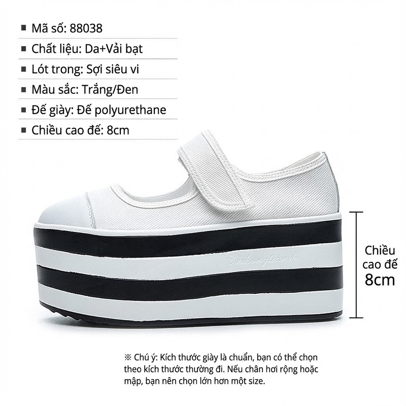 Giày Búp Bê Nữ Da, Vải Bạt Chiều Cao Đế 8cm Màu Trắng, Đen