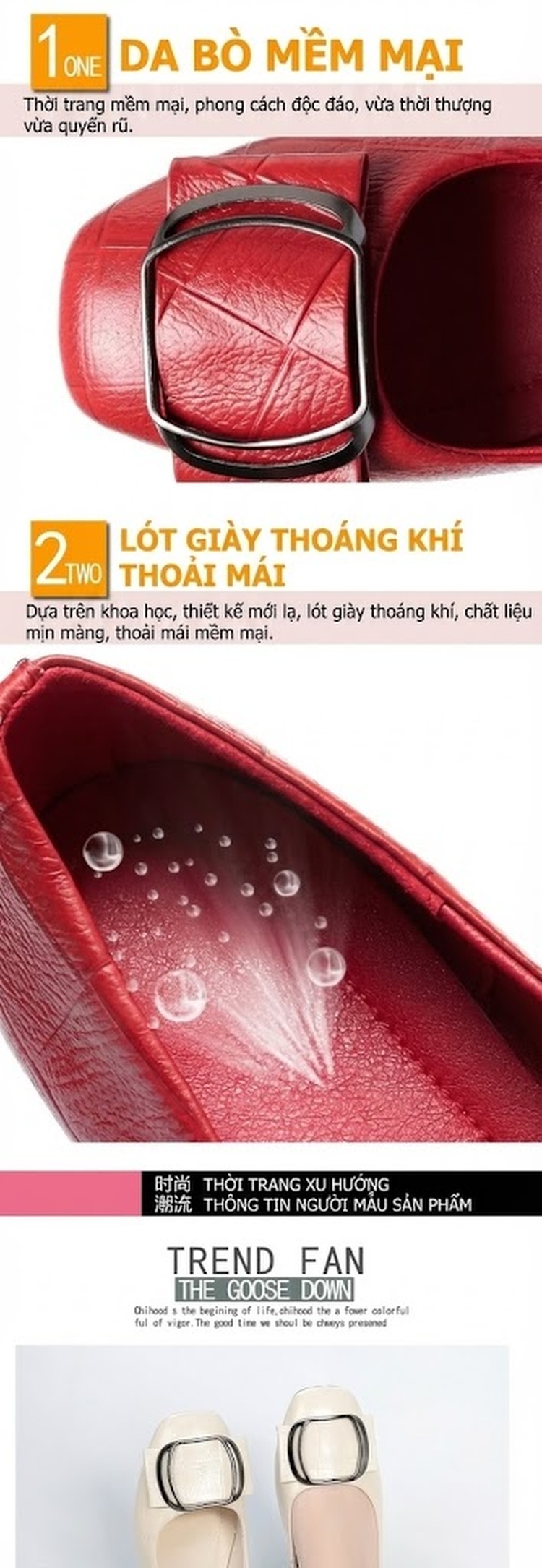 Giày Búp Bê Nữ Da Thật Gót Vuông Chiều Cao Đế Khoảng 3cm Màu Đỏ, Kem, Đen chi tiết 5