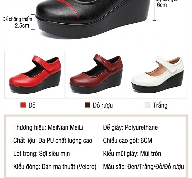 Giày Búp Bê Nữ Quai Dán Đế Xuồng Chiều Cao Đế Khoảng 6cm Màu Đen, Đỏ, Trắng chi tiết 6