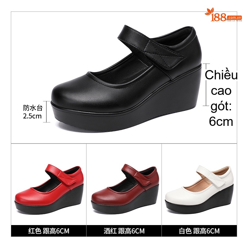 Giày Búp Bê Nữ Quai Dán Đế Xuồng Chiều Cao Đế Khoảng 6cm Màu Đen, Đỏ, Trắng
