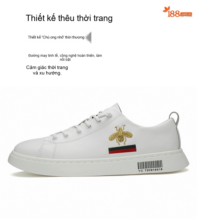 Giày Thể Thao Nam Da Bóng Thêu Ong Chiều Cao Đế Khoảng 3cm Màu Trắng, Đen chi tiết 9