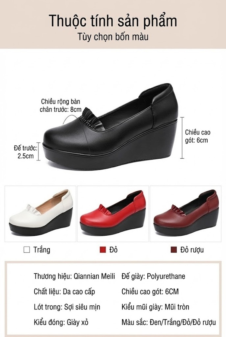 Giày Búp Bê Nữ Đế Xuồng Chiều Cao Đế Khoảng 4cm Da Bóng Màu Đen, Đỏ, Trắng... chi tiết 5