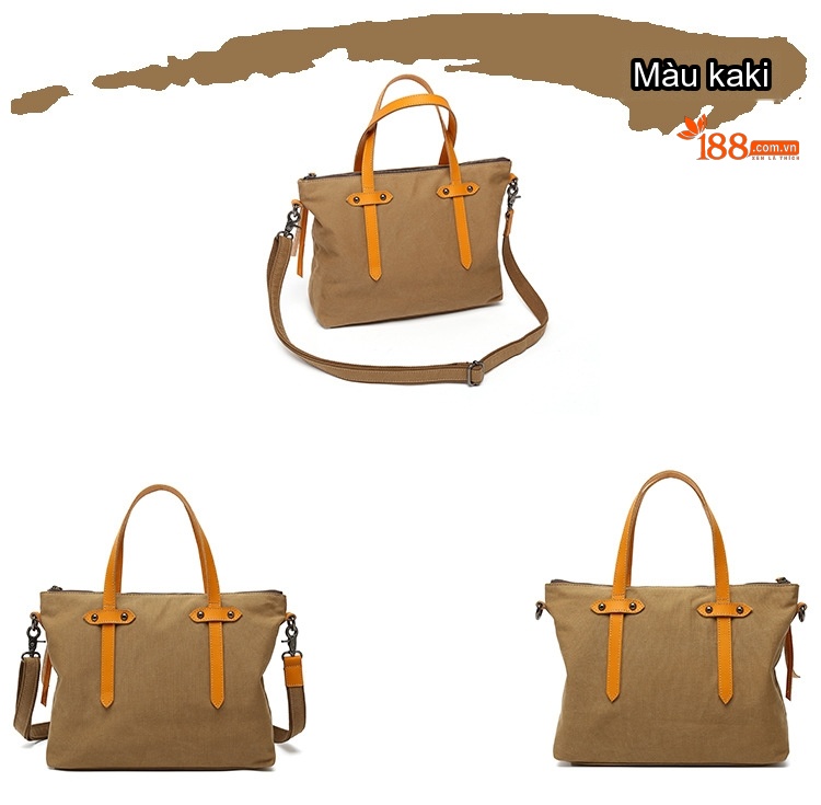 Túi Xách Tay Nữ Vải Canvas Chống Nước Da Thật Túi Đeo Chéo Một Bên Vai Màu Trắng Kem, Đen, Nâu, Xám... chi tiết 7
