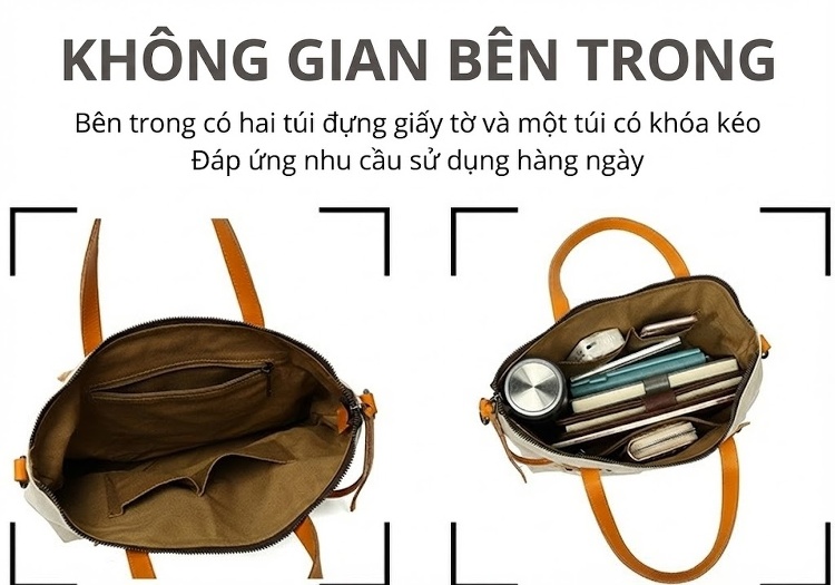 Túi Xách Tay Nữ Vải Canvas Chống Nước Da Thật Túi Đeo Chéo Một Bên Vai Màu Trắng Kem, Đen, Nâu, Xám... chi tiết 13
