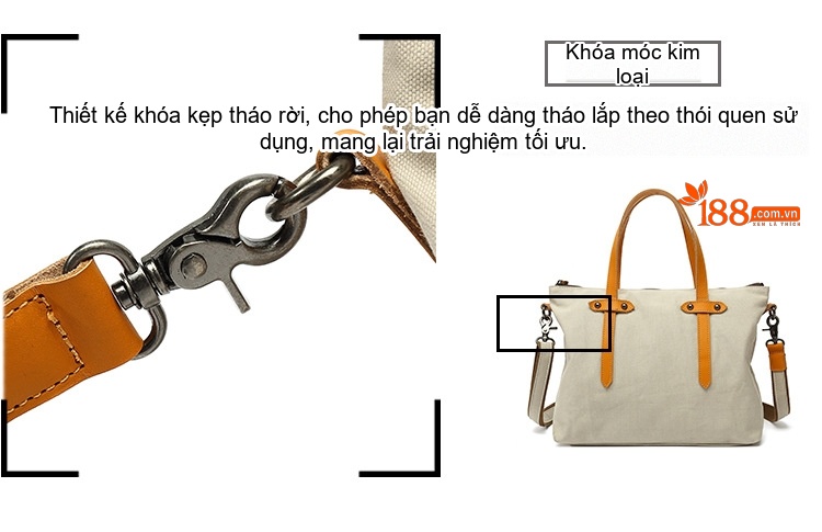 Túi Xách Tay Nữ Vải Canvas Chống Nước Da Thật Túi Đeo Chéo Một Bên Vai Màu Trắng Kem, Đen, Nâu, Xám... chi tiết 11