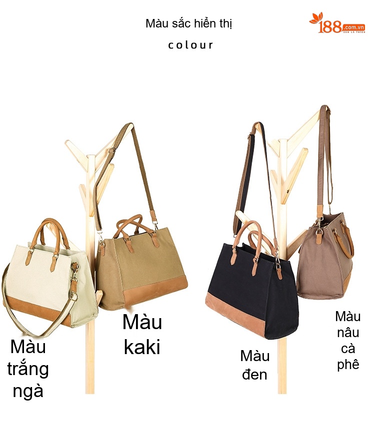 Túi Xách Tay Nữ Vải Canvas Chống Nước Đeo Chéo Da Thật Màu Kem, Nâu, Đen, Xám... chi tiết 5