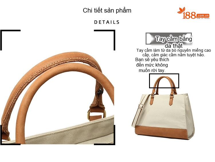 Túi Xách Tay Nữ Vải Canvas Chống Nước Đeo Chéo Da Thật Màu Kem, Nâu, Đen, Xám... chi tiết 10