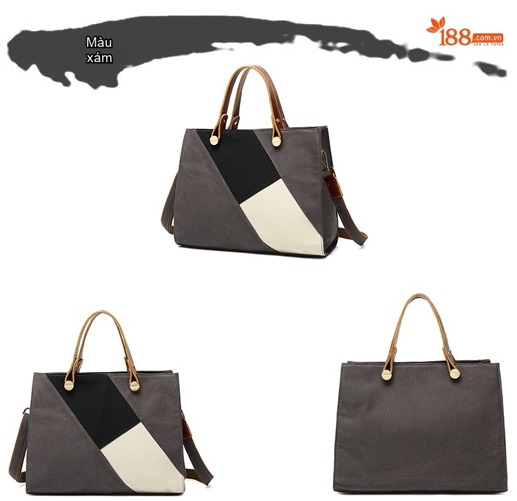 Túi Xách Tay Nữ Vải Canvas Chống Thấm Nước Da Thật Túi Đeo Chéo Một Bên Vai Màu Hồng, Đen, Trắng, Nâu... chi tiết 7