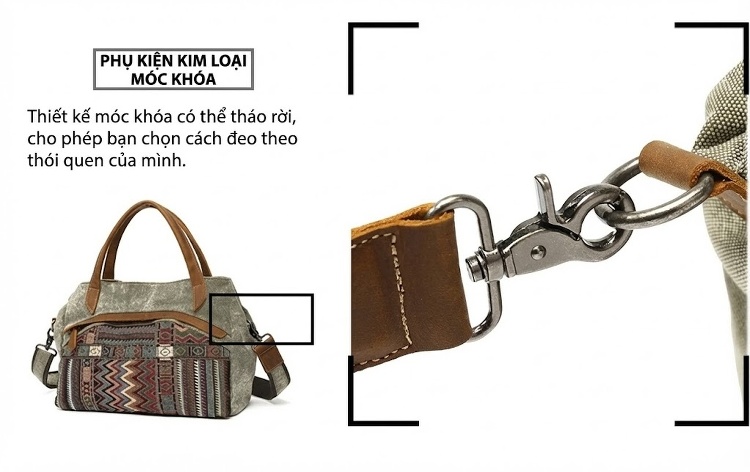 Túi Đeo Vai Nữ Vải Canvas Da Thật Hoa Văn Dân Tộc Cổ Điển Màu Xám, Hồng, Xanh Dương, Đen chi tiết 11