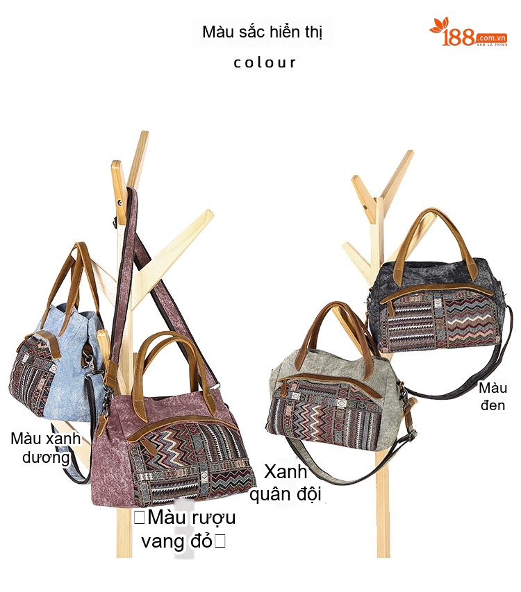 Túi Đeo Vai Nữ Vải Canvas Da Thật Hoa Văn Dân Tộc Cổ Điển Màu Xám, Hồng, Xanh Dương, Đen chi tiết 5