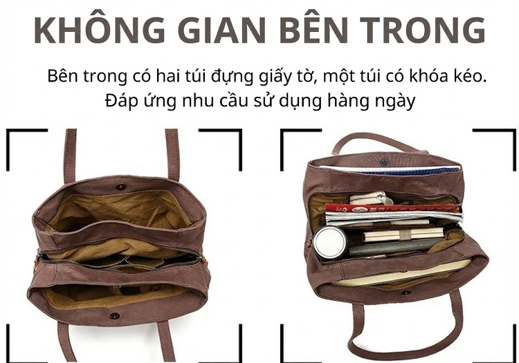 Túi Tote Vải Canvas Đeo Vai Nữ Quai Da Túi Mua Sắm Màu Nâu, Xám, Đen, Trắng... chi tiết 14