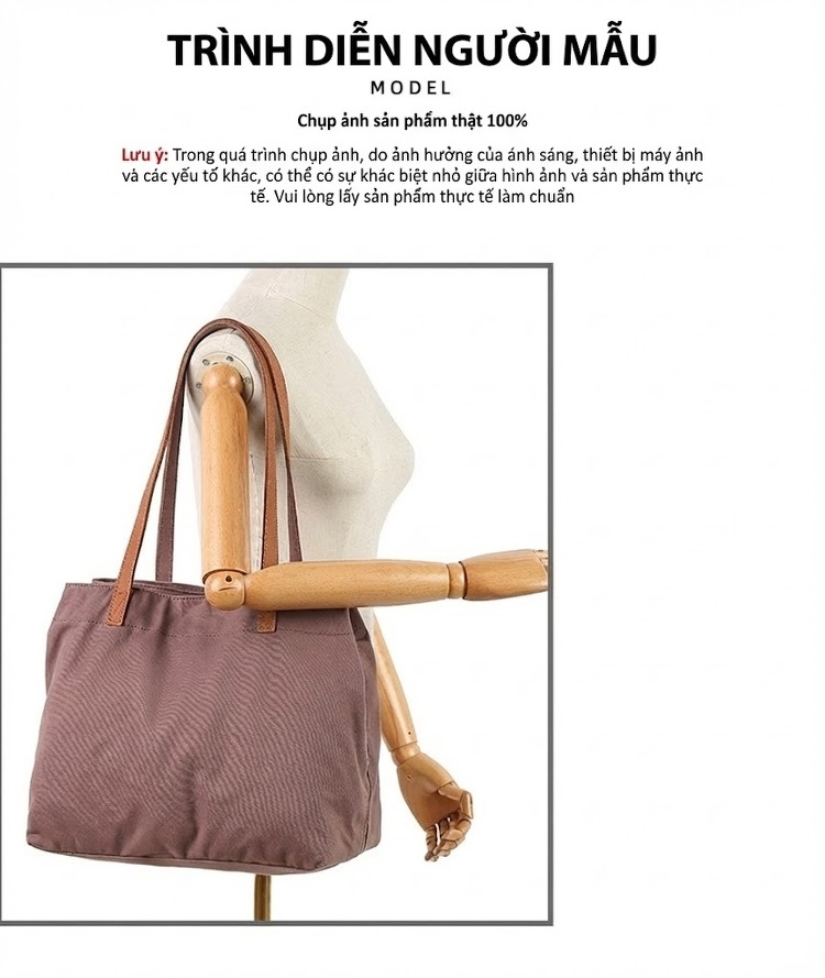 Túi Tote Vải Canvas Đeo Vai Nữ Quai Da Túi Mua Sắm Màu Nâu, Xám, Đen, Trắng... chi tiết 3