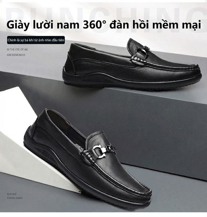 Giày Lười Nam Da Thật Chiều Cao Đế Khoảng 3cm Màu Đen chi tiết 4