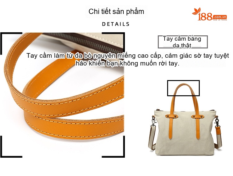 Túi Xách Tay Nữ Vải Canvas Chống Nước Da Thật Túi Đeo Chéo Một Bên Vai Màu Trắng Kem, Đen, Nâu, Xám... chi tiết 9