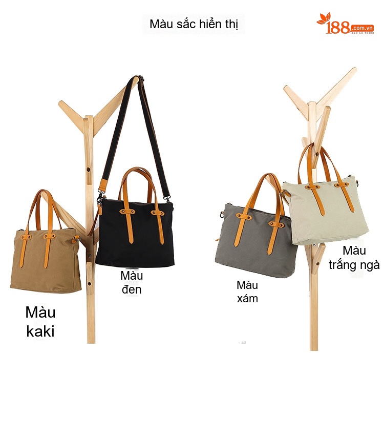 Túi Xách Tay Nữ Vải Canvas Chống Nước Da Thật Túi Đeo Chéo Một Bên Vai Màu Trắng Kem, Đen, Nâu, Xám... chi tiết 5