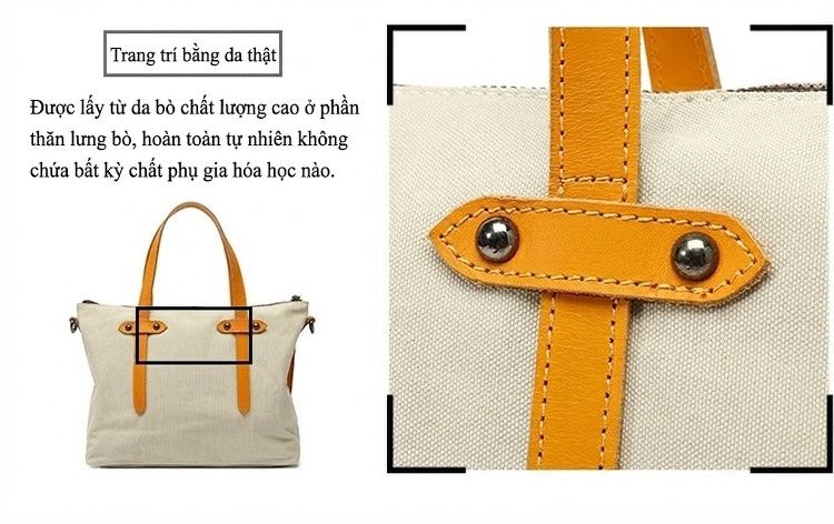 Túi Xách Tay Nữ Vải Canvas Chống Nước Da Thật Túi Đeo Chéo Một Bên Vai Màu Trắng Kem, Đen, Nâu, Xám... chi tiết 10