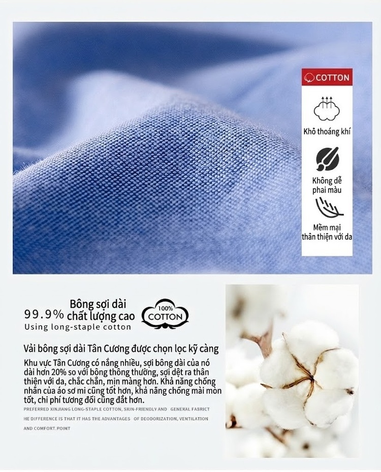 Áo Sơ Mi Tay Dài Nam Cotton Dáng Ôm Thời Trang Công Sở Màu Trắng, Xanh Dương, Hồng, Tím... chi tiết 3