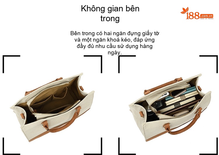 Túi Xách Tay Nữ Vải Canvas Chống Nước Đeo Chéo Da Thật Màu Kem, Nâu, Đen, Xám... chi tiết 13