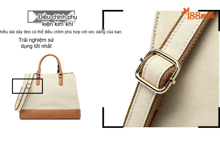 Túi Xách Tay Nữ Vải Canvas Chống Nước Đeo Chéo Da Thật Màu Kem, Nâu, Đen, Xám... chi tiết 12