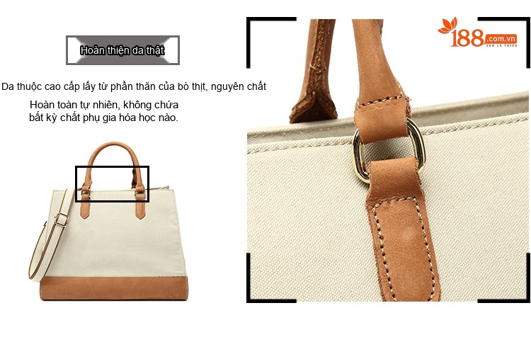 Túi Xách Tay Nữ Vải Canvas Chống Nước Đeo Chéo Da Thật Màu Kem, Nâu, Đen, Xám... chi tiết 11