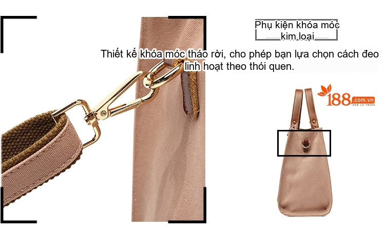Túi Xách Tay Nữ Vải Canvas Chống Thấm Nước Da Thật Túi Đeo Chéo Một Bên Vai Màu Hồng, Đen, Trắng, Nâu... chi tiết 12