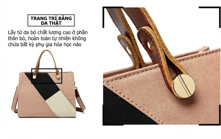Túi Xách Tay Nữ Vải Canvas Chống Thấm Nước Da Thật Túi Đeo Chéo Một Bên Vai Màu Hồng, Đen, Trắng, Nâu... chi tiết 11