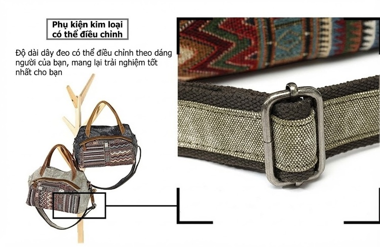 Túi Đeo Vai Nữ Vải Canvas Da Thật Hoa Văn Dân Tộc Cổ Điển Màu Xám, Hồng, Xanh Dương, Đen chi tiết 13