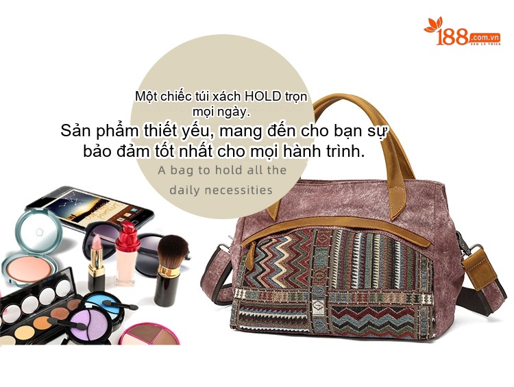 Túi Đeo Vai Nữ Vải Canvas Da Thật Hoa Văn Dân Tộc Cổ Điển Màu Xám, Hồng, Xanh Dương, Đen chi tiết 15