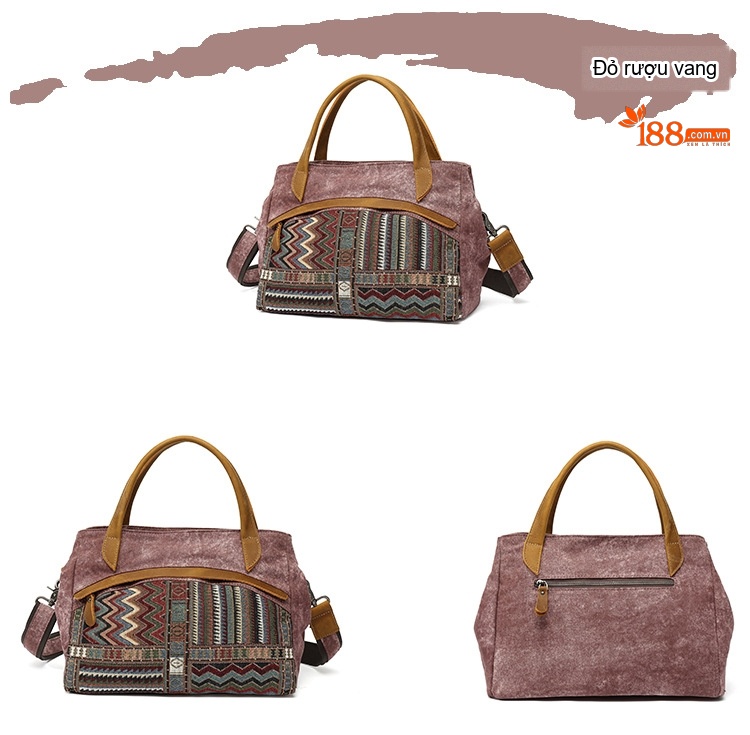 Túi Đeo Vai Nữ Vải Canvas Da Thật Hoa Văn Dân Tộc Cổ Điển Màu Xám, Hồng, Xanh Dương, Đen chi tiết 8