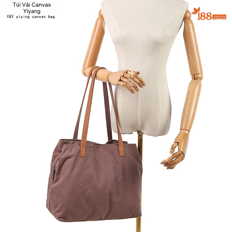 Túi Tote Vải Canvas Đeo Vai Nữ Quai Da Túi Mua Sắm Màu Nâu, Xám, Đen, Trắng...