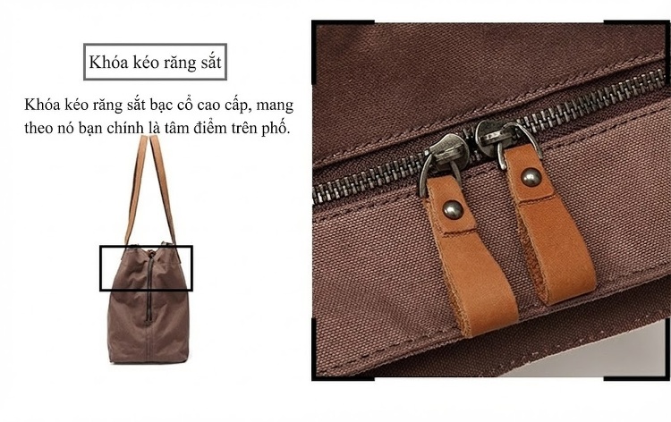 Túi Tote Vải Canvas Đeo Vai Nữ Quai Da Túi Mua Sắm Màu Nâu, Xám, Đen, Trắng... chi tiết 11