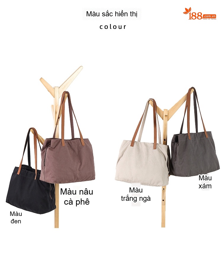 Túi Tote Vải Canvas Đeo Vai Nữ Quai Da Túi Mua Sắm Màu Nâu, Xám, Đen, Trắng... chi tiết 5