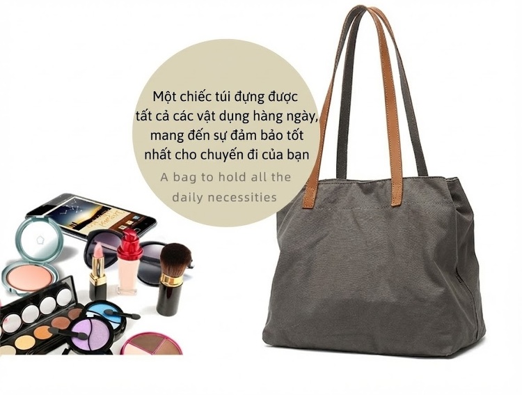 Túi Tote Vải Canvas Đeo Vai Nữ Quai Da Túi Mua Sắm Màu Nâu, Xám, Đen, Trắng... chi tiết 15