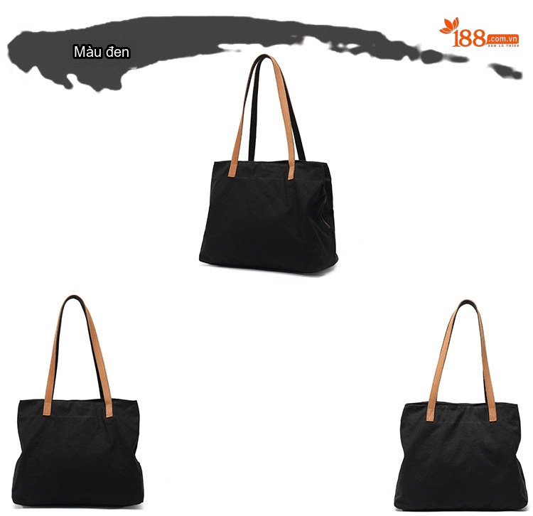 Túi Tote Vải Canvas Đeo Vai Nữ Quai Da Túi Mua Sắm Màu Nâu, Xám, Đen, Trắng... chi tiết 7