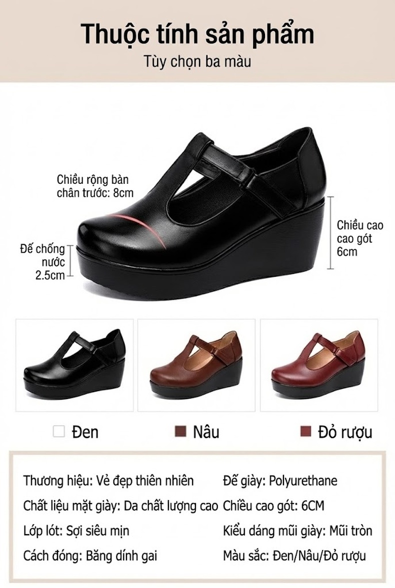Giày Búp Bê Nữ Da Bóng Đế Xuồng Chiều Cao Đế Khoảng 5cm Màu Đen, Đỏ, Nâu chi tiết 5