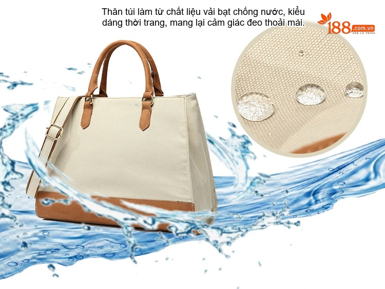 Túi Xách Tay Nữ Vải Canvas Chống Nước Đeo Chéo Da Thật Màu Kem, Nâu, Đen, Xám... chi tiết 2
