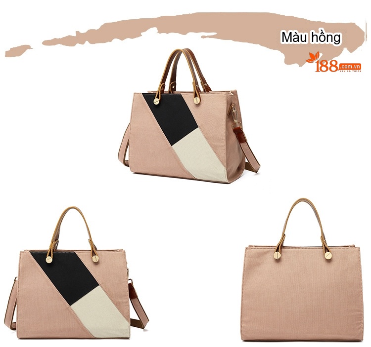 Túi Xách Tay Nữ Vải Canvas Chống Thấm Nước Da Thật Túi Đeo Chéo Một Bên Vai Màu Hồng, Đen, Trắng, Nâu... chi tiết 6