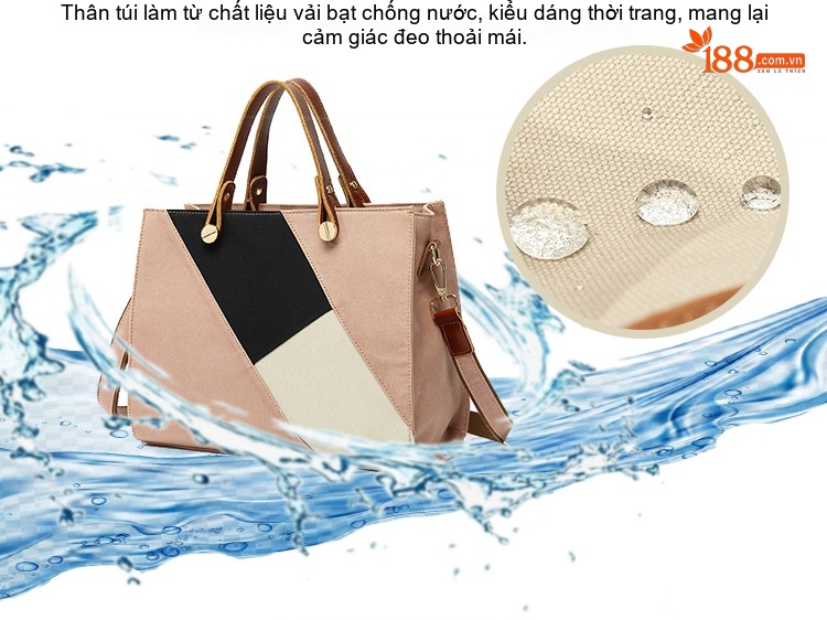 Túi Xách Tay Nữ Vải Canvas Chống Thấm Nước Da Thật Túi Đeo Chéo Một Bên Vai Màu Hồng, Đen, Trắng, Nâu... chi tiết 2