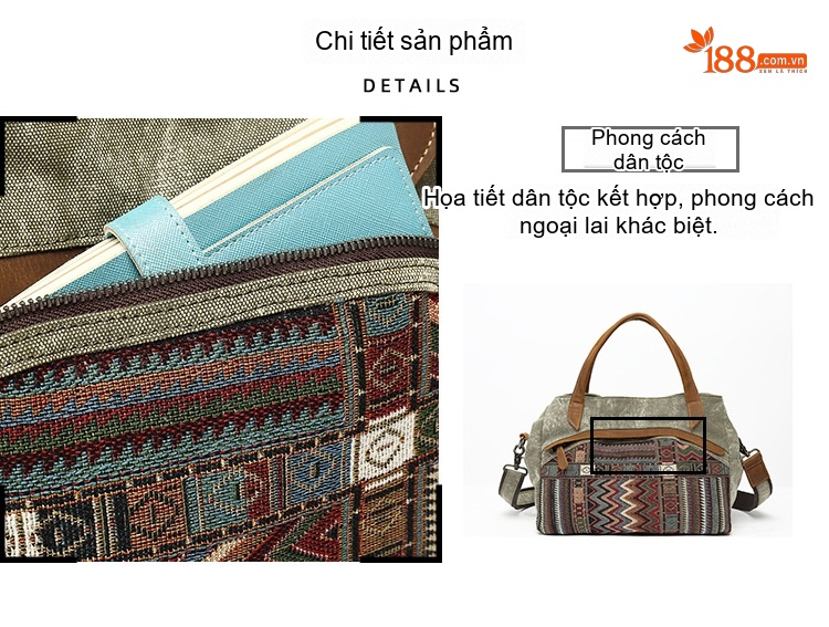 Túi Đeo Vai Nữ Vải Canvas Da Thật Hoa Văn Dân Tộc Cổ Điển Màu Xám, Hồng, Xanh Dương, Đen chi tiết 10