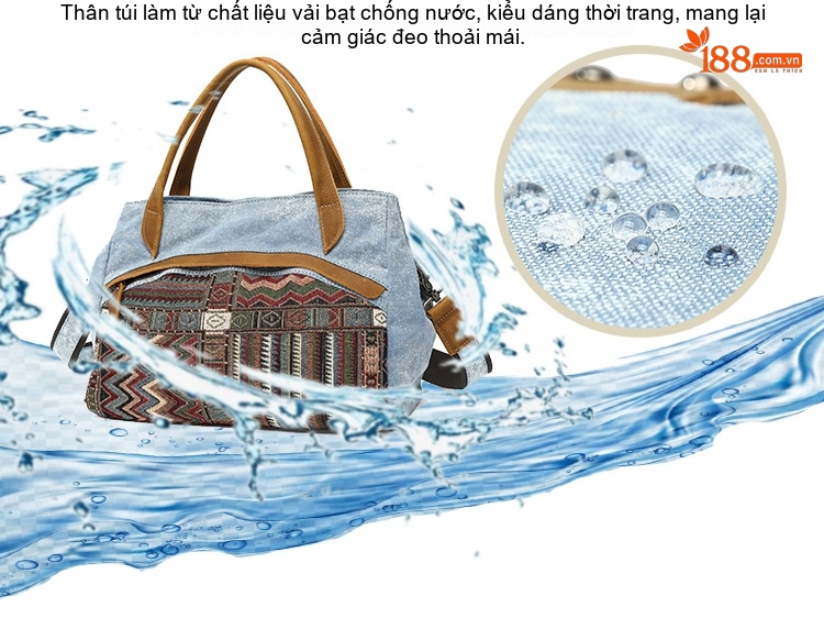 Túi Đeo Vai Nữ Vải Canvas Da Thật Hoa Văn Dân Tộc Cổ Điển Màu Xám, Hồng, Xanh Dương, Đen chi tiết 2