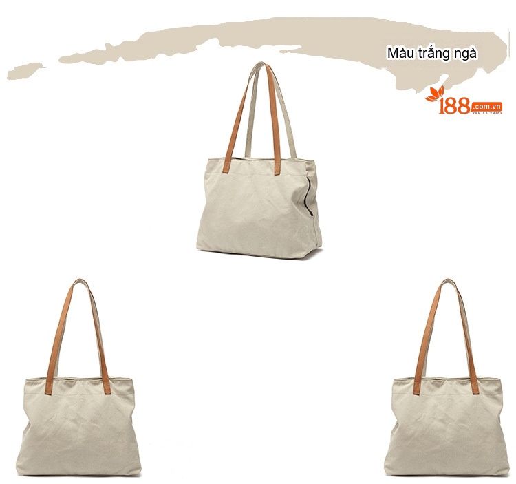 Túi Tote Vải Canvas Đeo Vai Nữ Quai Da Túi Mua Sắm Màu Nâu, Xám, Đen, Trắng... chi tiết 6