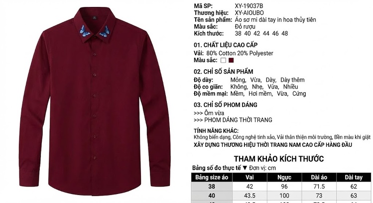 Áo Sơ Mi Nam Tay Dài In Hoa Thêu Họa Tiết Phong Cách Trung Hoa Màu Đỏ Rượu Vang chi tiết 2
