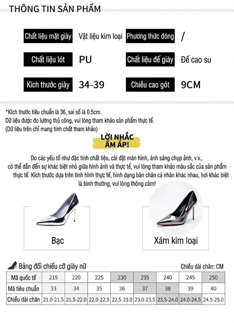 Giày Cao Gót Nữ Mũi Nhọn Da Bóng Chiều Cao Đế Khoảng 7cm Màu Bạc chi tiết 11