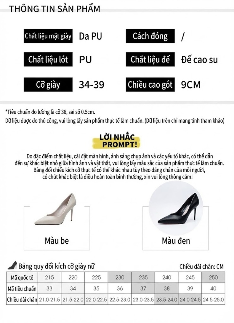 Giày Cao Gót Nữ Mũi Nhọn Da Bóng Chiều Cao Đế Khoảng 7cm Màu Kem, Đen chi tiết 11
