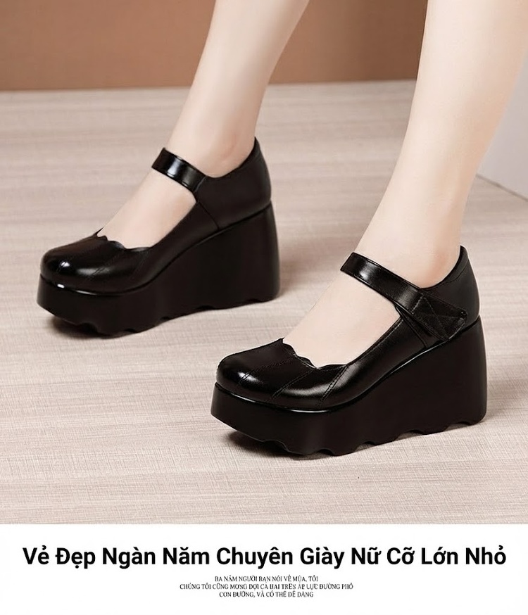 Giày Búp Bê Nữ Da Bóng Đế Xuồng Platform Chiều Cao Đế Khoảng 6cm Quai Dán Màu Đen chi tiết 14